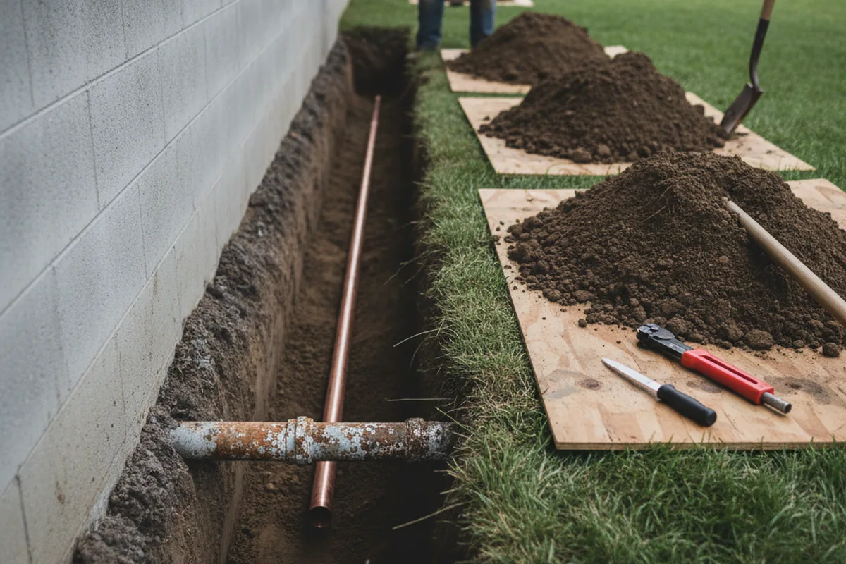 Excavated water line trench during Water Softener Installation in Nolensville